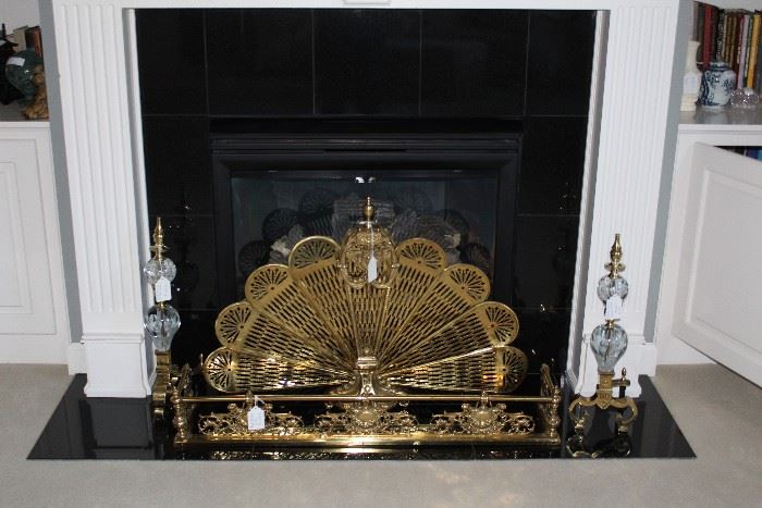 Brass fireplace fender and brass fireplace fan screen