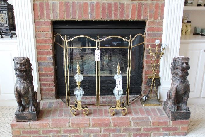 Antique St. Clair paperweight andirons and fireplace tools, fireplace screen, pair of foo dogs