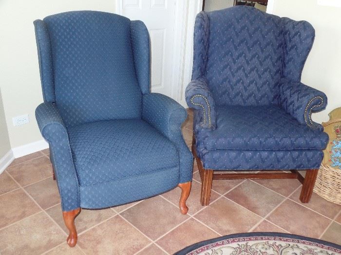 2 Blue wing back chair - one on the left is a full recliner