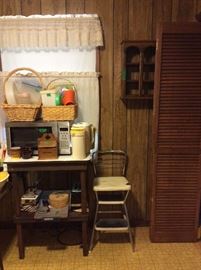 Kitchen - vintage stool, Table, microwave, kitchen items and appliances