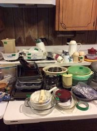 Kitchen - Pyrex, S/P shakers, coffee carafe, vintage coffee pot, silverware, muffin pans, cookie sheets