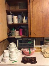 Kitchen - Corelli white set of dishes, vintage pink nesting bowl set, under counter oven, various glasses & cups