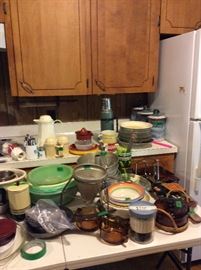 Kitchen - vintage thermos, amber pyrex, canister set, glass pie pans in various sizes