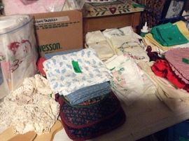 More crafts, linens, doileys both crocheted & embroidered, placemats, napkins, vintage stool