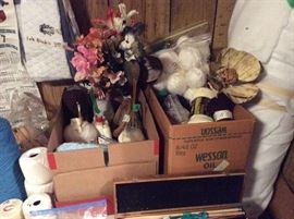 Cotton embroidery thread, yarn - full and partial skeins, crochet hooks, knitting needles, quilt bunting - very large roll