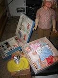 Vintage Barbie, Chatty Kathy including clothers and Russel Wright child's dishes.