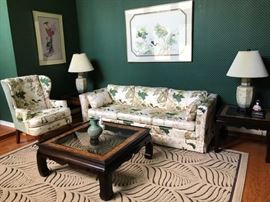 Living room showing sofa and two matching lamp tables and Asian influence table lamps