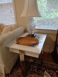 pair of the silver/white & glass tables