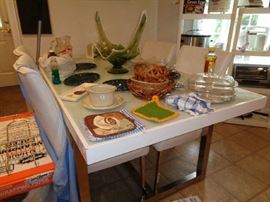 silver metal, white wood & glass table w/4 chairs