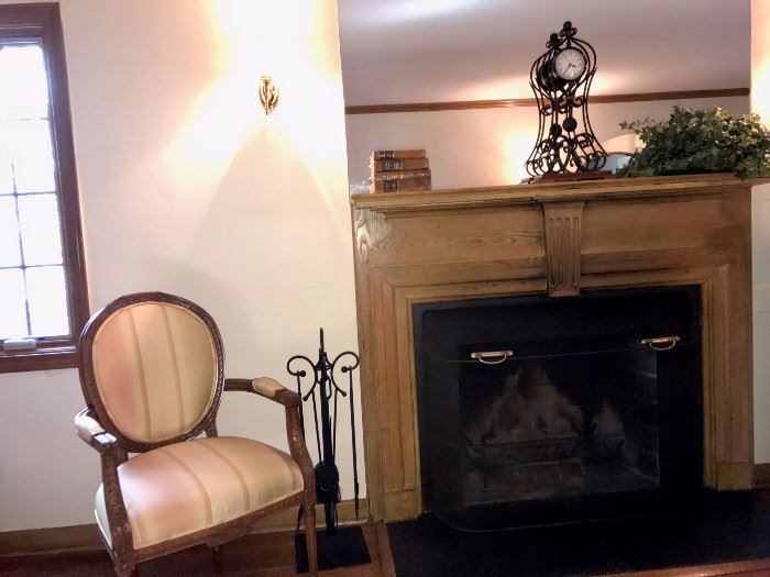 Fireplace tools, Bronze Mantel Clock, Accent Farbric Arm Chair