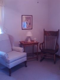 Wing Chair,Antique Oak Rocking Chair,Antique Oak Table,Lamp,Picture.