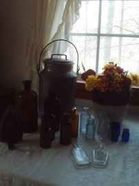 Antique Bottles,Antique Milk can,Antique Crock.
