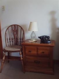 Vintage Chair,Lamp,1 of 2 (Pair) of nightstands,Antique Telephone.