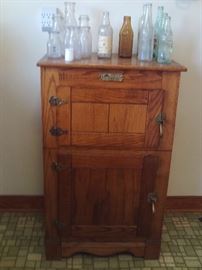 Oak Ice Box,Vintage Milk & Soda Bottles.