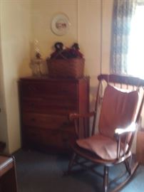 Antique Dresser/Desk,Antique Oil Lamp,Antique basket,Vintage Rocking Chair.