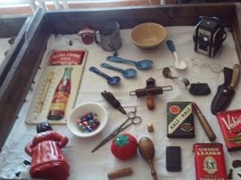 Antique & Vintage Smalls,RC Cola Thermometer, Coca Cola Opener, Small Pottery Bowl,Aunt Jemima Cast Iron Bank, Marbles(some Clay)Camera, Antique Eyeglasses,Vintage Knife, Antique Tobacco Tins, Vintage Kitchen Items,etc...