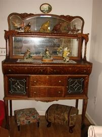 Victorian Carved Tiger Oak Buffet with Leaded Glass Doors - unusually beautiful piece