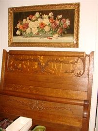 Wonderful Victorian carved Oak bed which ties in well  with a Mirrored Dresser and Mirrored Commode in the same room