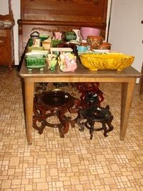 Very partial collection of vintage planters as well as wooden Oriental plant stands