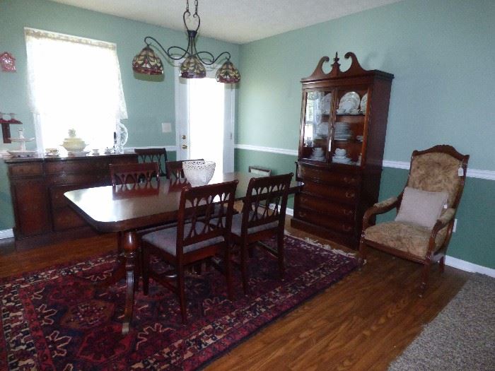 Vintage Mahogany double pedestal dining room table, 6 chairs, china cabinet, buffet