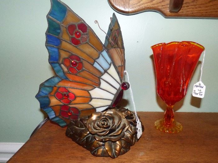 Stained glass butterfly lamp, Fenton Amberina vase