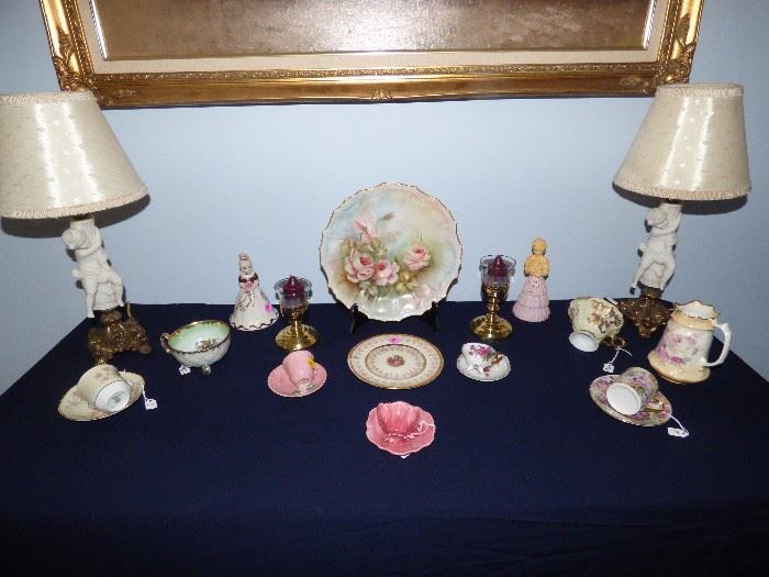 Tea Cup collection, Bisque cupid lamps with brass base, hand painted plate