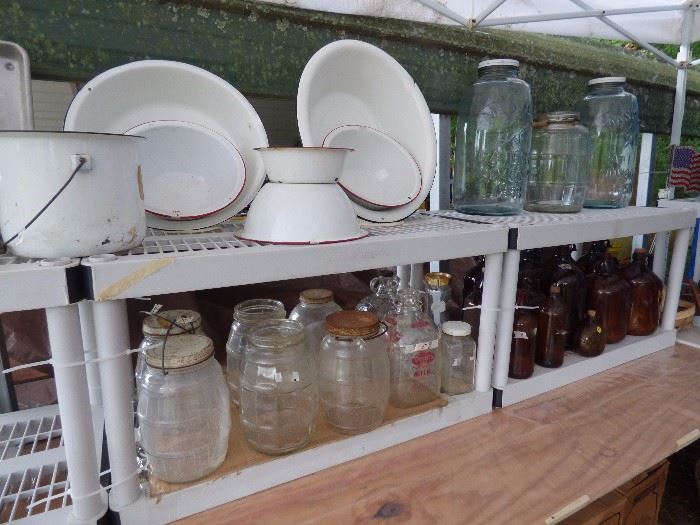 Vintage Enamelware wash bowls & bucket, glass jars