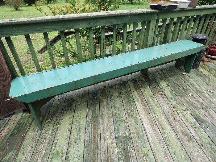 LONG primitive bench with blue green paint