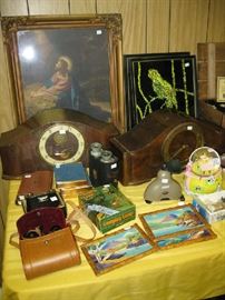 Mantel Clocks, Binoculars', Japanese Paintings, Playing Card Sets, Prints, etc.