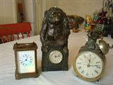 NOTE, MONKEY CLOCK IS SOLD! Two antique clocks. Starting left to right first clock has patent dates engraved on the back of Dec. 23, 1890 & Jan. 13, 1891. Features two glass sides to display the clock movement. Clock to far right states on fascia: patented March 27, 1877 Ansonia Clock Co.