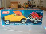Buddy L toy 32' Deuce "Highboy" roadster with trailer and two motorcycles almost mint-in-box.