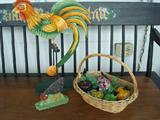 The rooster swings back and forth and the fruit are gorgeous hand blown glass!