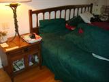 Complete bedroom set including triple dresser, hutch-type chest (both previously shown) bed frame and headboard and two matching night stands. Sold as complete bedroom set only.