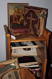 Music stand with sheet music, Vintage bible