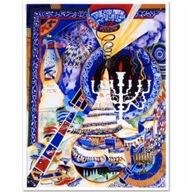 Raphael Abecassis Signed Embossed Lithograph "Menorah": An embossed lithograph on paper titled Menorah after artist Raphael Abecassis (1953- ). Abecassis was born in Marrakesh, Morocco then lived and studied in Israel, where he still paints today. This lithograph combines exquisite detail, an exciting color scheme and features a swirling imagery of Jewish tradition. It is hand signed to the lower left and presents ready for framing. The seller has provided a Certificate of Authenticity.