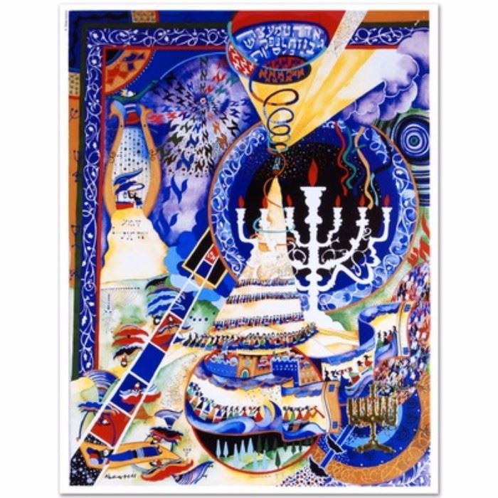 Raphael Abecassis Signed Embossed Lithograph "Menorah": An embossed lithograph on paper titled Menorah after artist Raphael Abecassis (1953- ). Abecassis was born in Marrakesh, Morocco then lived and studied in Israel, where he still paints today. This lithograph combines exquisite detail, an exciting color scheme and features a swirling imagery of Jewish tradition. It is hand signed to the lower left and presents ready for framing. The seller has provided a Certificate of Authenticity.