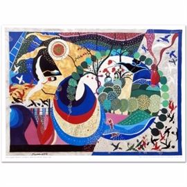 Raphael Abecassis Signed Lithograph "Adam and Eve": A lithograph on paper titled Adam and Eve after artist Raphael Abecassis (1953- ). Abecassis was born in Marrakesh, Morocco then lived and studied in Israel, where he still paints today. This lithograph combines exquisite detail, an exciting color scheme and features a swirling imagery of Jewish tradition. It is hand signed to the lower left and presents ready for framing. The seller has provided a Certificate of Authenticity.