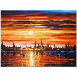 Leonid Afremov Giclée on Gallery Wrapped Canvas "Sunset in Barcelona": A limited edition giclée on canvas titled Sunset in Barcelona by Leonid Afremov (1955-). Afremov was born in Vitebsk, Belarus. He is a Russian–Israeli modern Impressionist who works mainly with a palette knife and oils. This piece depicts a stunning cityscape at sunset. It is numbered, bears Afremov’s authorized signature to the lower left and comes gallery wrapped. The seller has provided a Certificate of Authenticity.