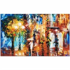 Leonid Afremov Giclée on Gallery Wrapped Canvas "Streetside Expression": A limited edition giclée on canvas titled Streetside Expression by Leonid Afremov (1955-). Afremov was born in Vitebsk, Belarus. He is a Russian–Israeli modern Impressionist who works mainly with a palette knife and oils. This piece depicts the abstract image of a woman walking with an umbrella, surrounded by quaint architecture and a decorative street lamp. It is numbered, bears Afremov’s authorized signature to the lower left and comes gallery wrapped.The seller has provided a Certificate of Authenticity.