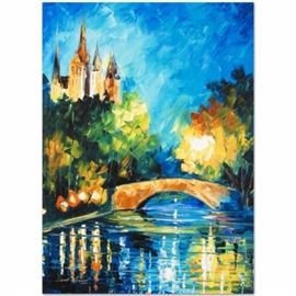 Leonid Afremov Giclée on Gallery Wrapped Canvas "Perfect Night": A limited edition giclée on canvas titled Perfect Night by Leonid Afremov (1955-). Afremov was born in Vitebsk, Belarus. He is a Russian–Israeli modern Impressionist who works mainly with a palette knife and oils. This piece depicts a quaint bridge over a small body of water with Gothic style architecture accenting the background. It is numbered, bears Afremov’s authorized signature to the lower left and comes gallery wrapped.The seller has provided a Certificate of Authenticity.