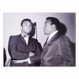 Licensed Photograph of Muhammad Ali and Jim Brown: A licensed photograph of Muhammad Ali and Jim Brown. The black and white photograph features Ali in a conversation with Jim Brown. The photograph is on Kodak Professional Endura paper.
