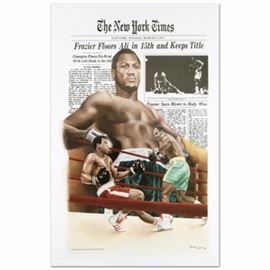 Muhammad Ali "Frazier Floors Ali" Lithograph Poster on Paper: A Muhammad Ali “Frazier Floors Ali” lithograph poster on paper. This piece is a fine art lithograph poster on paper of heavyweight champ Muhammad Ali and Joe Frazier. Presents unframed.