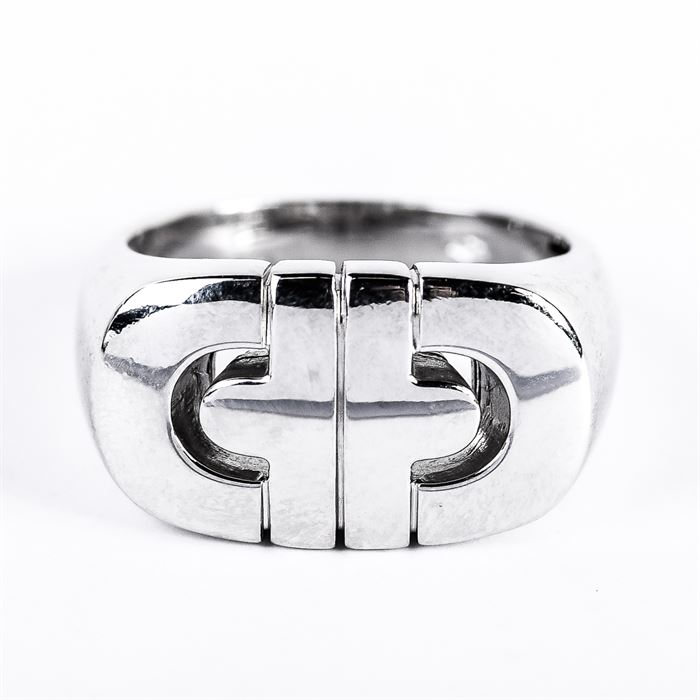 Bvlgari Parentesi 18K White Gold Ring: A Bvlgari Parentesi 18K white gold ring, made in Italy. This ring features an open design with a “Bvlgari” marking to the interior as well as other illegible markings. It is a size 6 with a total approximate weight of 5.0 dwt.