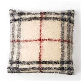 Burberry Mohair and Wool Pillow: A Burberry mohair and wool pillow. Features Burberry’s signature check pattern. Tagged “Burberry London/Made in England” to the interior, 68% mohair and 32% wool.