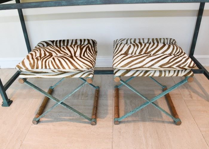 SOLD--Lot #101, Pair of Iron & Bamboo Stools with Zebra Cushions, Verdigris Finish, $350