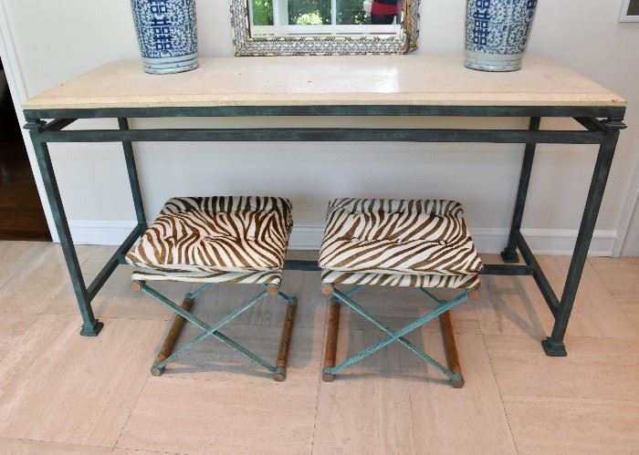 BUY IT NOW!  Lot #100, Large Iron & Travertine Console Table, Verdigris Finish (Stools Sold Separately), $600