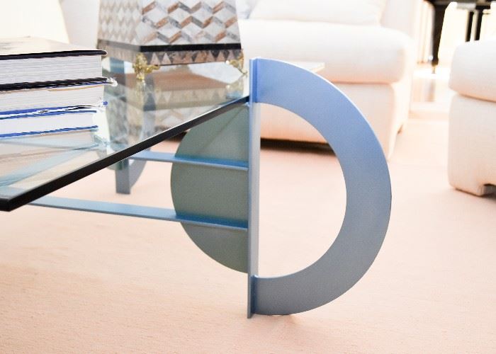BUY IT NOW!  Lot #103, Modern Metal & Glass Top Cocktail Table, Blue Finish, (Approx. 67" Sq x 19" H), $1,000