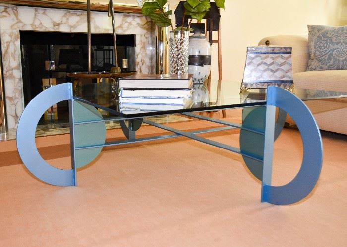 BUY IT NOW!  Lot #103, Modern Metal & Glass Top Cocktail Table, Blue Finish, (Approx. 67" Sq x 19" H), $1,000