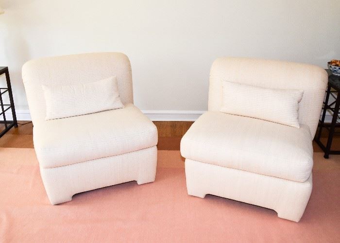 BUY IT NOW!  Lot #104, Pair of Armless Slipper Chairs, Off-White, by RJones Dallas, (Each approx. 34" L x 32" Deep x 33" H, Seat is 19" H), $600