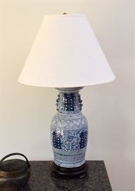 Pair of Blue & White Chinese Pottery Lamps (Double Happiness)